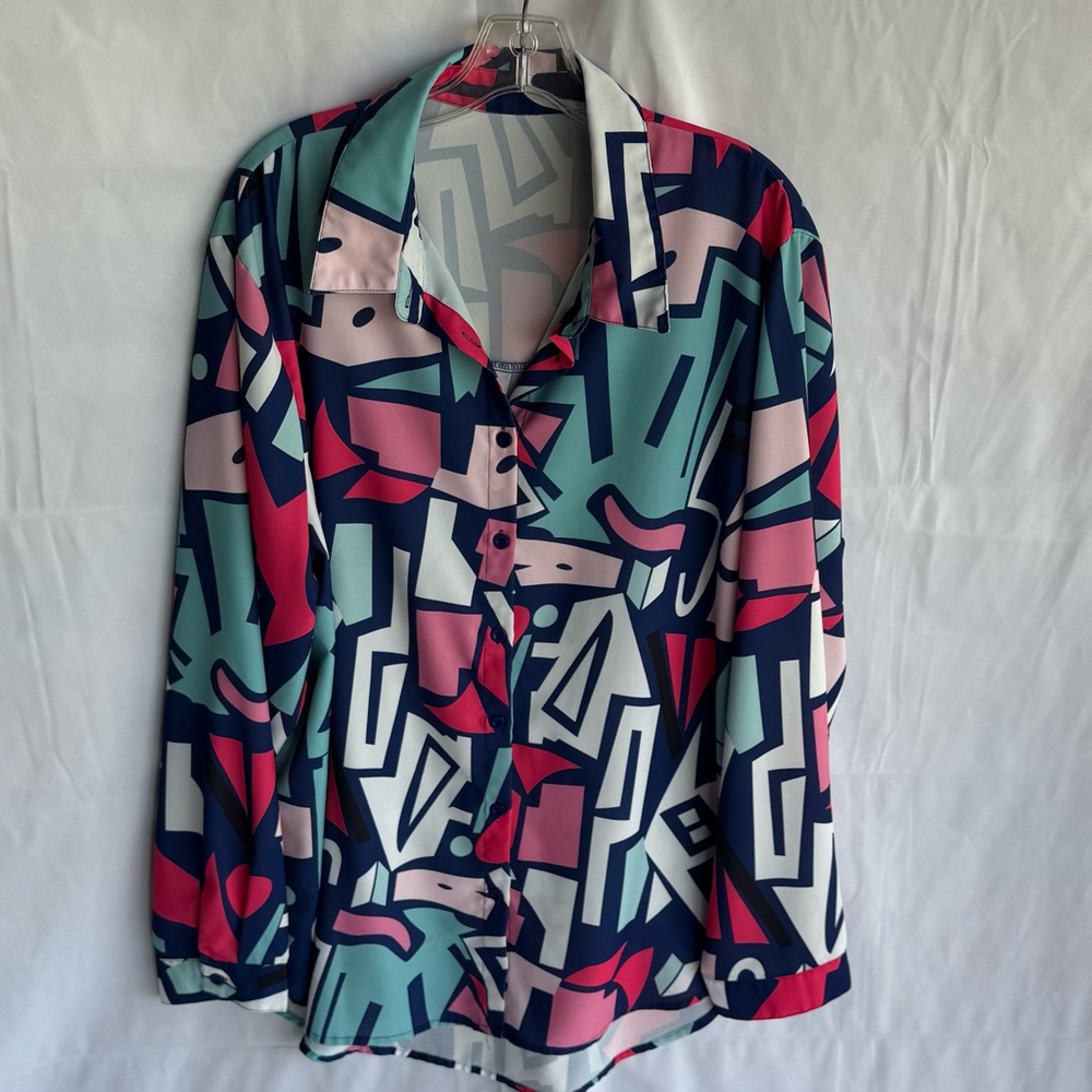 3X Magritta Vibrant Blue and Pink Long Sleeve Abstract Button Down